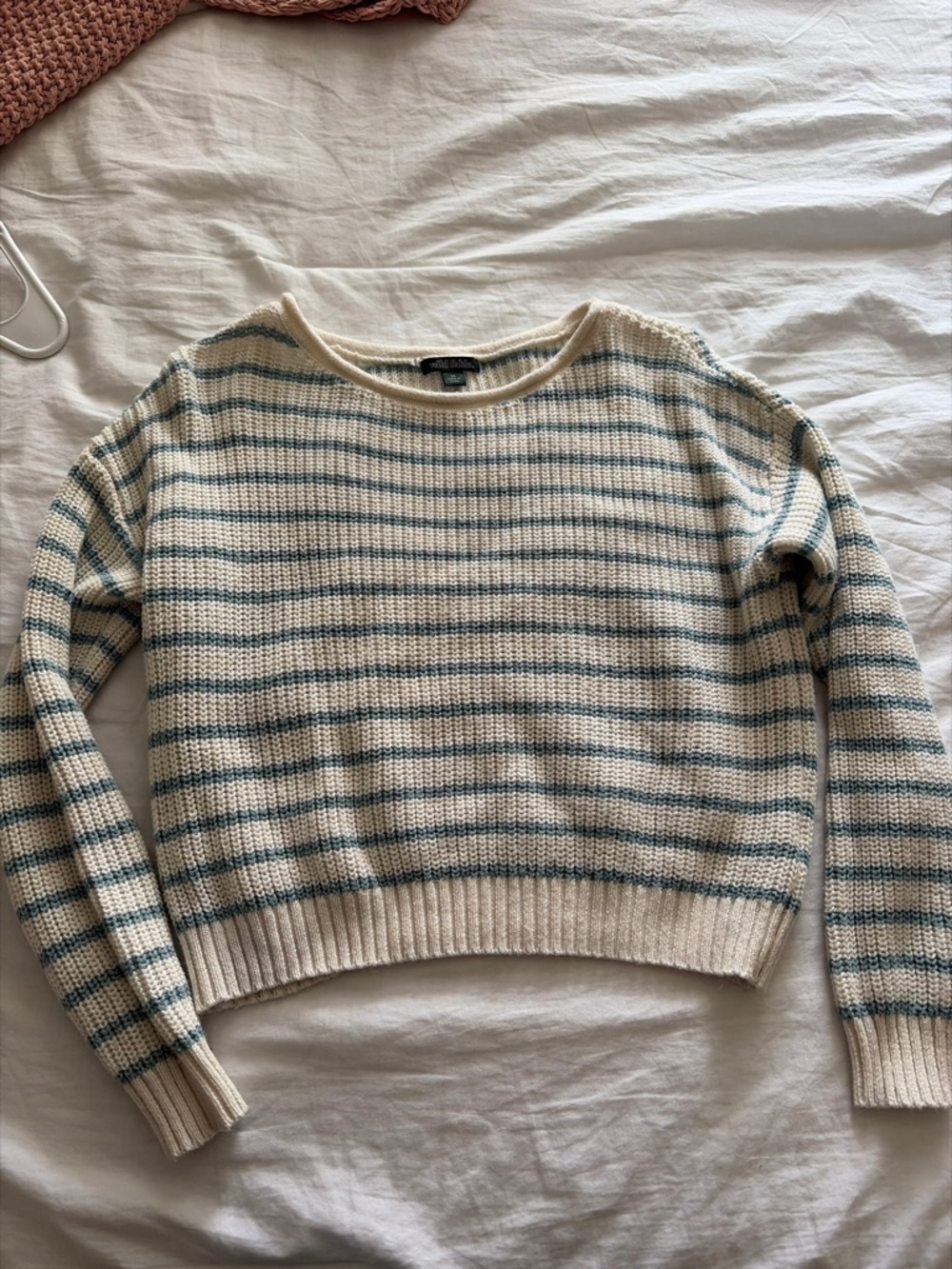 wild fable cropped Cream and Teal Striped Crewneck Sweater